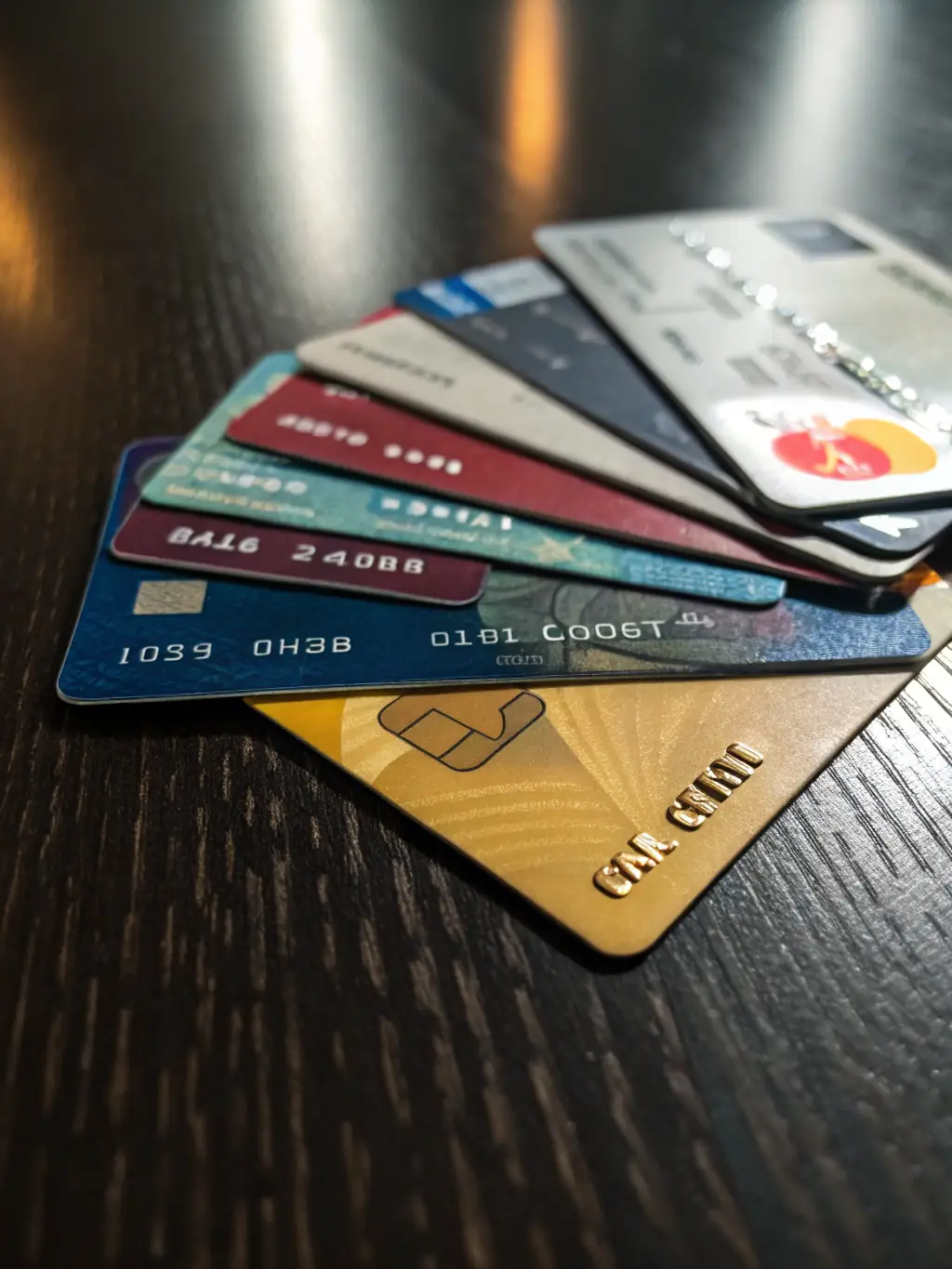 A close-up image of various credit cards (Visa, Mastercard, Amex, Discover) arranged neatly, symbolizing the acceptance of major credit cards by Transacteasy.