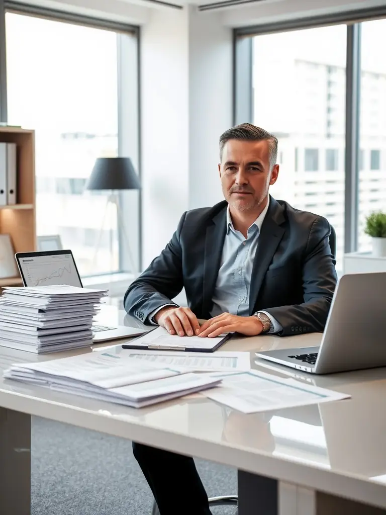 A professional accountant smiling while reviewing financial reports on a laptop, symbolizing the ease of use transacteasy provides for financial management.