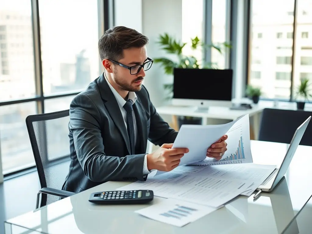 A professional accountant sitting at a desk, reviewing financial statements and processing payments on a computer, with a modern office background.