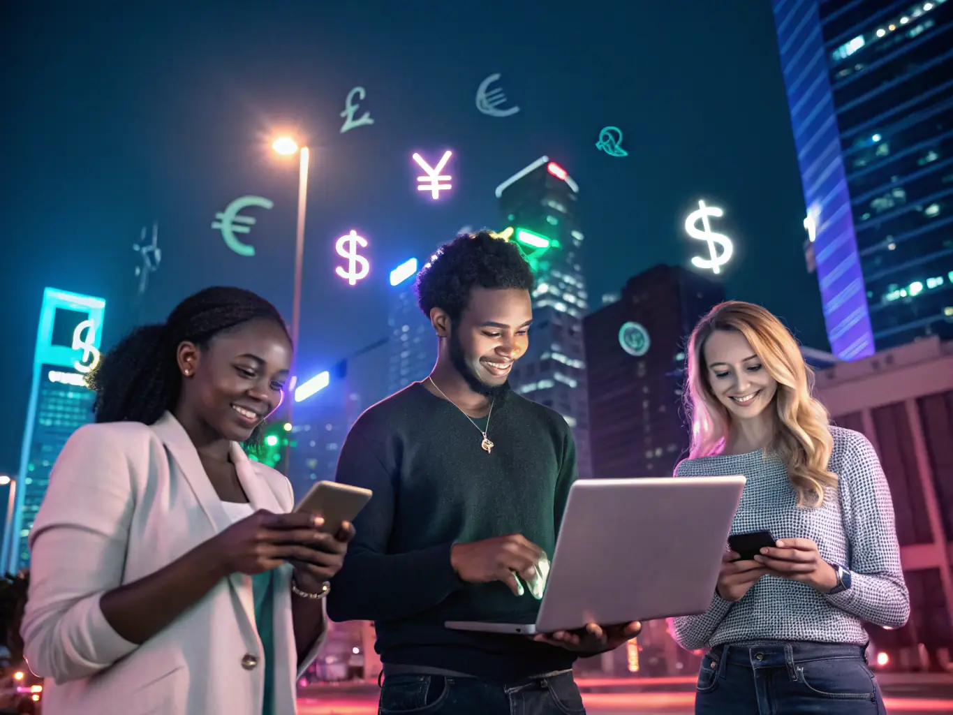A diverse group of people using various digital payment methods on their smartphones and tablets, set against a backdrop of a bustling city.