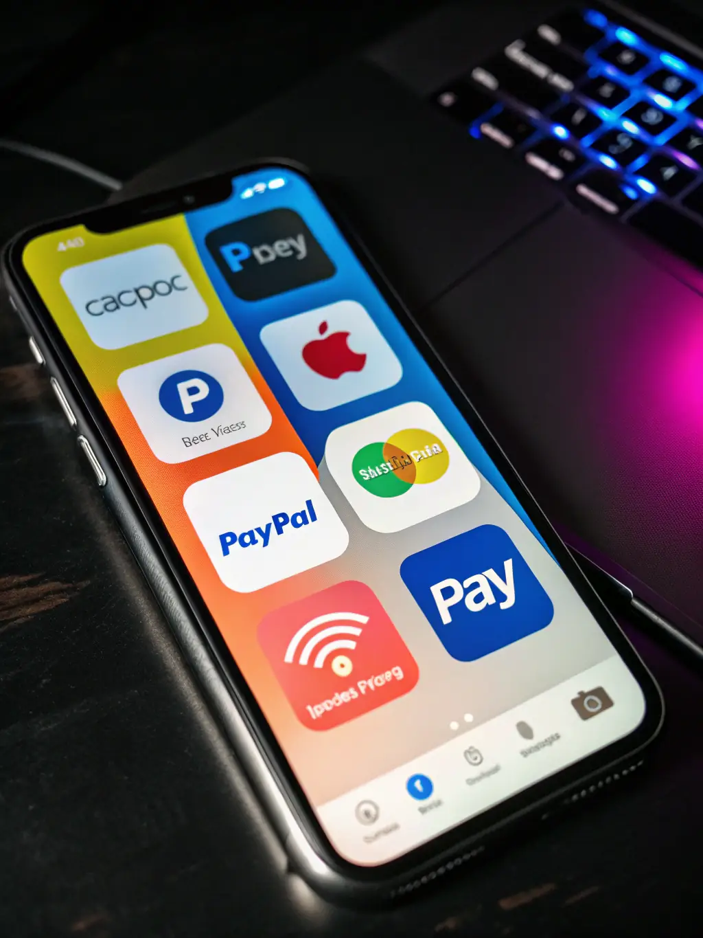 Illustration of various digital wallets on a smartphone screen, highlighting the acceptance of alternative payment methods through transacteasy.