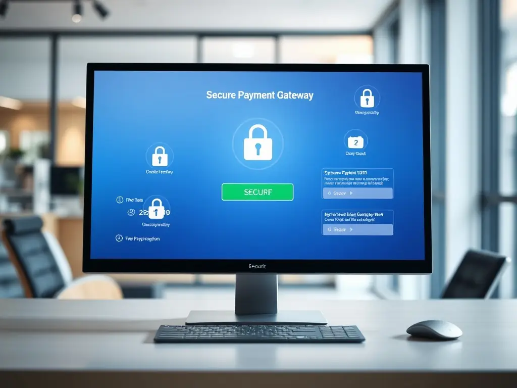 A secure payment gateway interface displayed on a laptop screen, showing encrypted transaction data and security protocols.