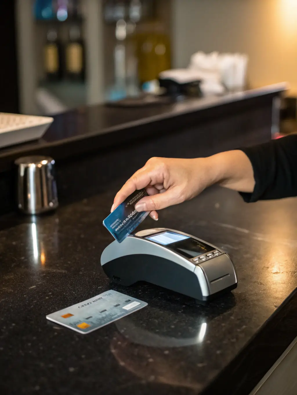 Close-up shot of a credit card being swiped in a modern POS system, emphasizing the ease of credit card processing for transacteasy clients.